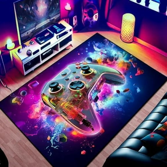 Gaming Area Rug Teen Boys Carpet, 3D Transparent Gamepad and Colorful Bomb Background Game Controller Design for Game Room, Gaming Room, Boys Girls Bedroom Playroom, Living Room (79" x 59")