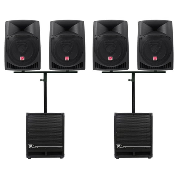 (4) Rockville RPG12 12" Active DJ PA Speakers Mounts (2) 12" Powered Subwoofers