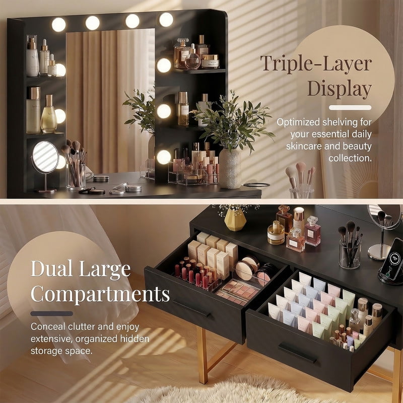 Treevan Black & Gold Makeup Vanity Desk with Hollywood LED Mirror, Charging Station, 3 Color Dimmable Lights for Bedroom