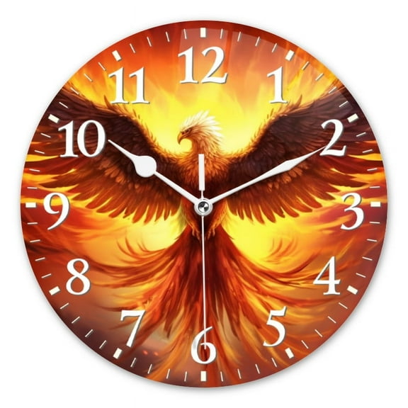 Personalized Wall Clock Non-Ticking Silent Clocks Battery Operated Round Clocks Decorative for Bathroom,Office-Phoenix Rising From The Ashes With Glowing Fire(14inch)
