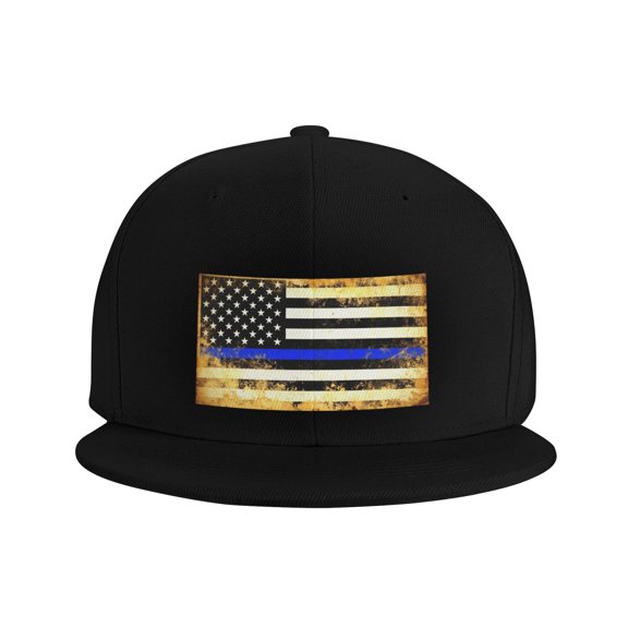Snapback Hat Thin Blue Line Flag Art Adjustable Flat Bill Brim Hat for Men Women Casual Wear Black