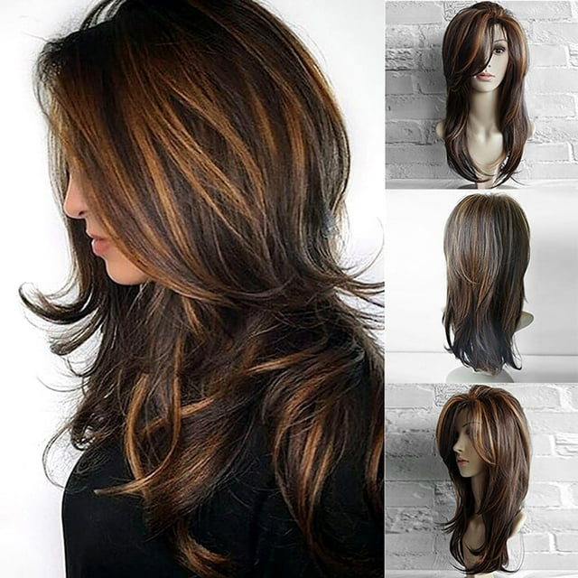 Pelucas con flequillo para mujer, peluca ondulada suelta de 65 cm, pelucas de fiesta marrones degradadas, cabello largo y rizado, peluca sintética de colores mixtos.