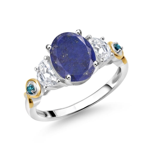 Gem Stone King 925 Silver and 10K Yellow Gold 3-Stone Ring Oval Blue Lapis and Moissanite (2.51 Cttw, Size 9)