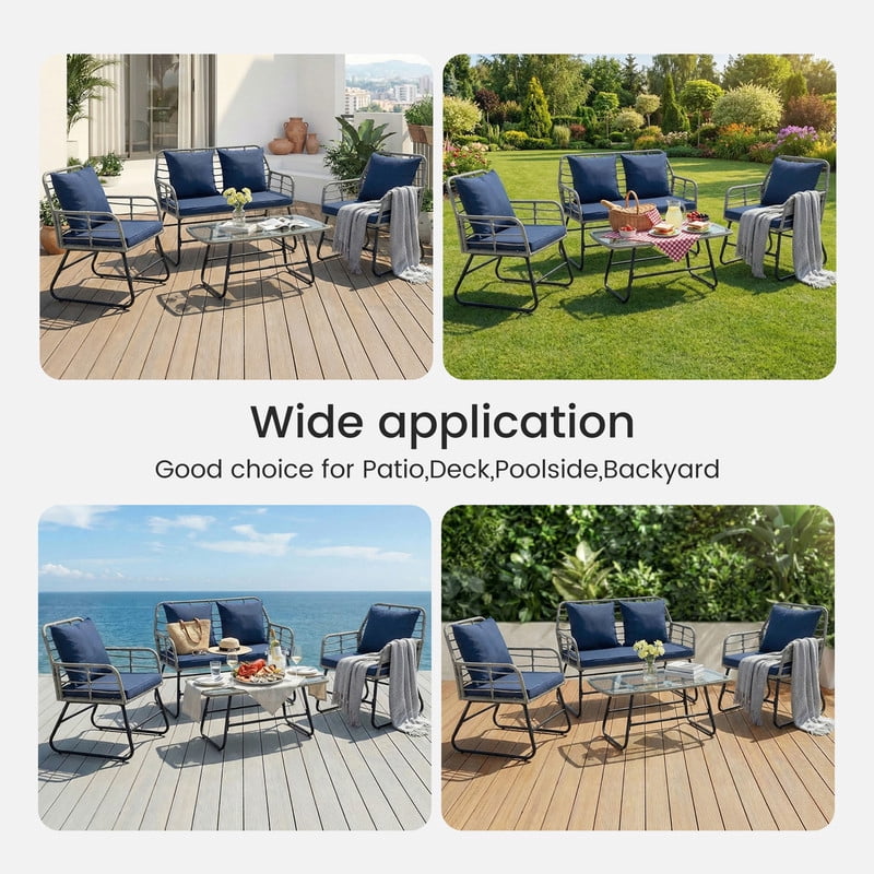 Gianna 4 Piece Patio Furniture Set, Outdoor Patio Seating Set for Apartment Balcony, Space-Saving Rattan Conversation Set with Loveseat and Side Table for Patio, Front Porch, Gray