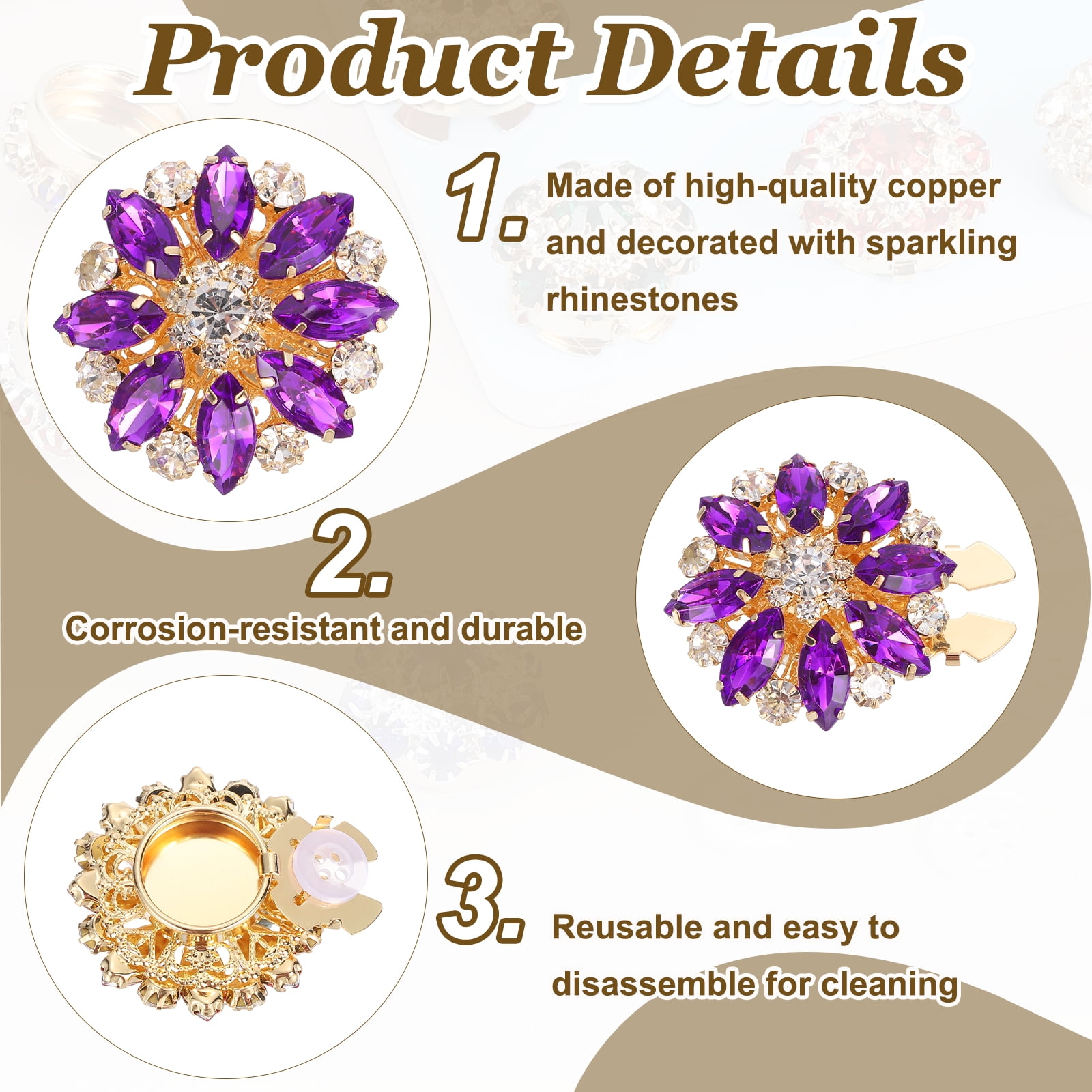 6 Pcs Rhinestone Button Covers Decorative Clips with 10 Pcs White Sewing Buttons Detachable Marquise Sewing Replacement for Women Men DIY Crafts Accessories (Purple Blue/Gold)