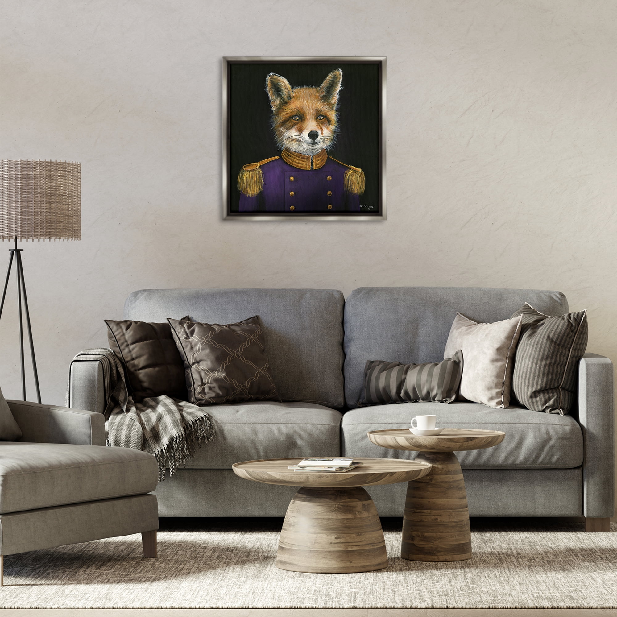 Stupell Industries Military Coat Fox Novelty & Humor Painting Gray Floater Framed Canvas Art Print Wall Art, 25 x 25