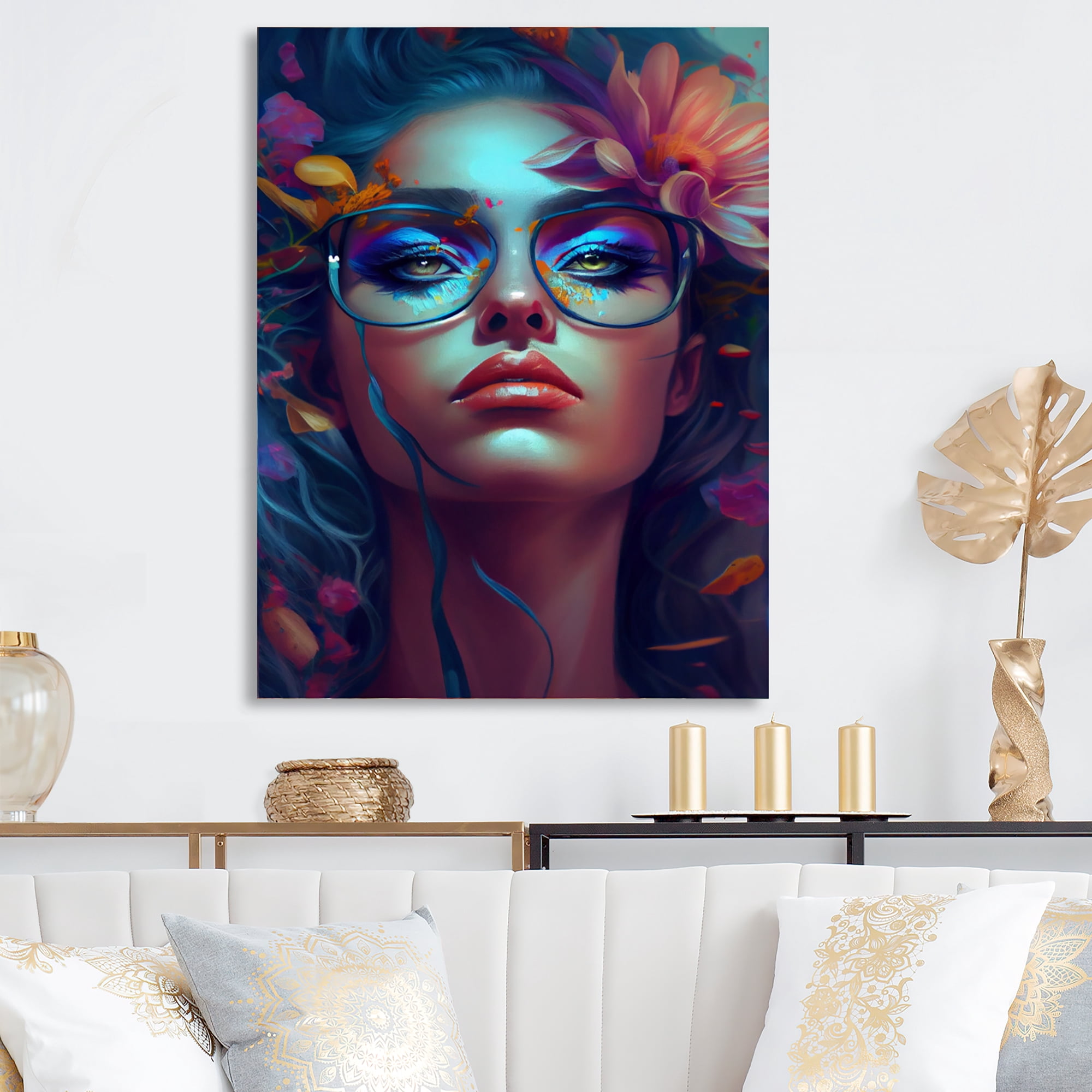Designart Blue Attractive Woman With Flowers I Canvas Wall Art