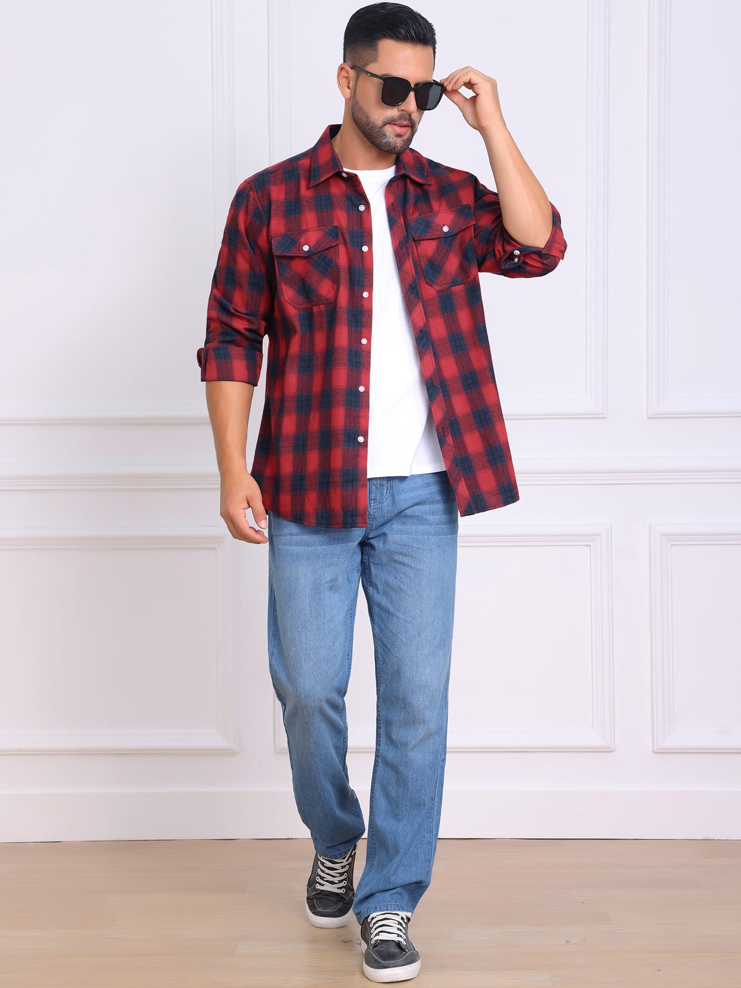 DARING DIVA Men's Contrast Color Slim Fit Long Sleeved Button Down Shirts 2XL Red Blue