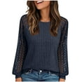 thumbnail image 3 of yoeyez Womens Textured Brushed Crewneck Sweater Lace Patchwork Puff Long Sleeve Tunics Dressy Casual Loose Fit Knit Tops Blouses Navy,M, 3 of 6