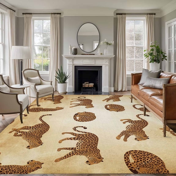 Leopard Area Rugs 6'x9', Washable Small Throw Rugs for Kitchen Dining room, Vintage Primitive Animals Indoor Outdoor Rug Non-Slip Low Pile Carpet Runner Reversible Floor Mats