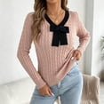 thumbnail image 6 of QIYAGBSA Womens V Neck Sweater Cable Knit Contrast Bow Detail Long Sleeve Pullover Casual Fall Winter Top (Pink L), 6 of 8