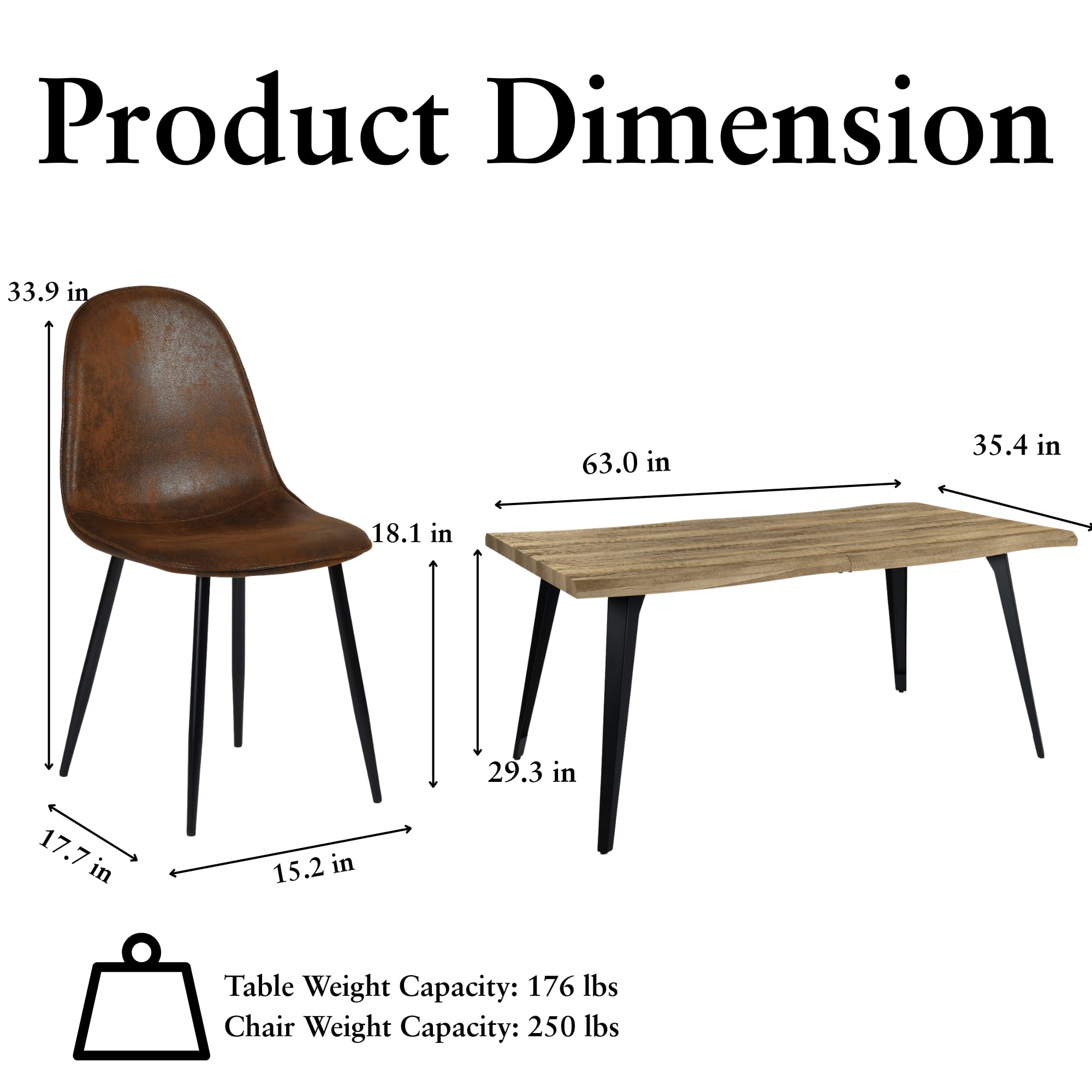 Homy Casa Modern Industrial 5-Piece Dining Set for 4, Faux Wooden Walnut Live Edge Table with 4 Armless Chairs, Brown Fuax Suede