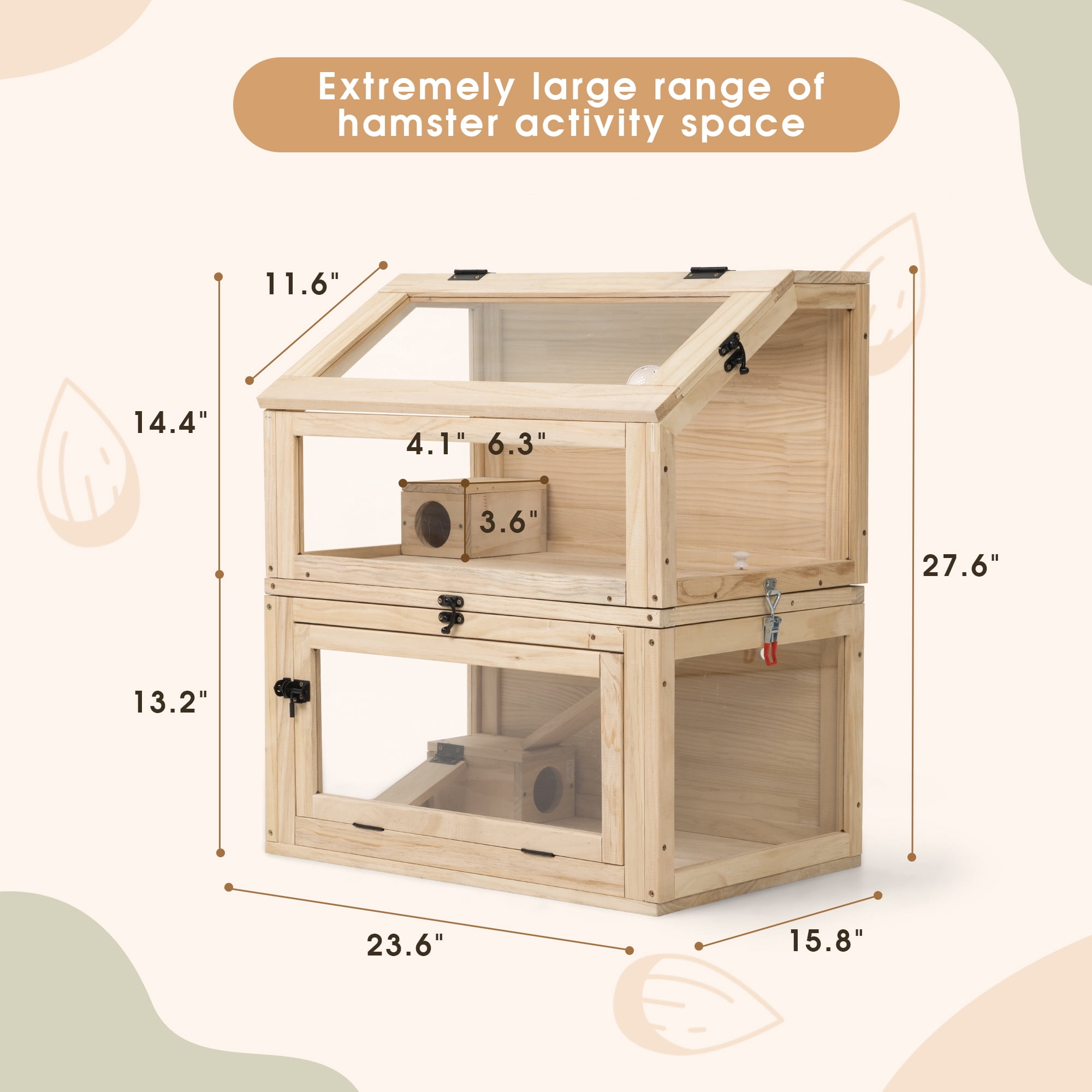 COZIWOW 2-Tiers Wood Hamster Cage with Hideouts, Ramps, Acrylic Window, Door Access for Small Animals, Natural