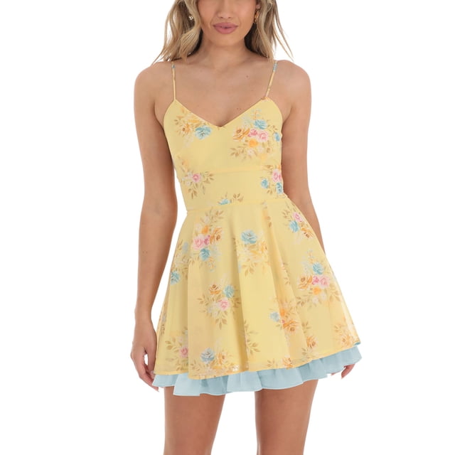 Opperiaya Robe d'Été Décontractée pour Femmes, Robe Trapèze à Imprimé Floral, Col en V, Dos Nu, Mini Robe à Volants