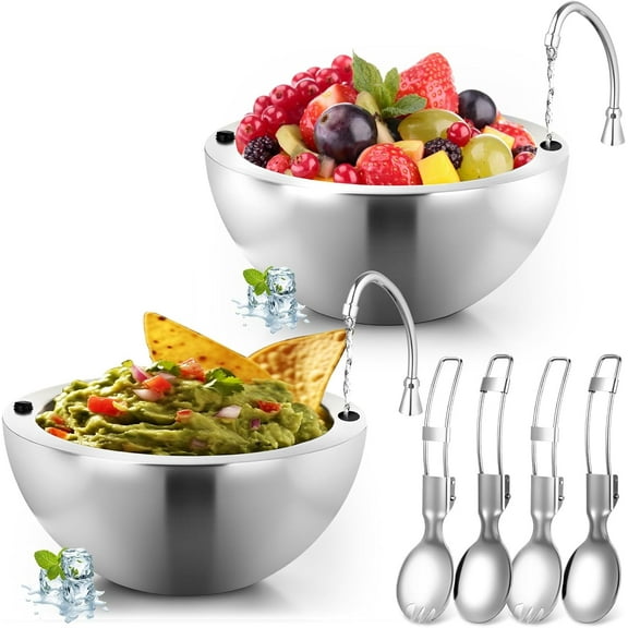 2 Pack 16 oz Chilled Dip Bowl Stainless Steel Double Walled Ice Serving Bowl with 2 Sporks Spoons Cold Serving Dish for Parties Hummus, Salsa, Guacamole, Sauces, Pasta