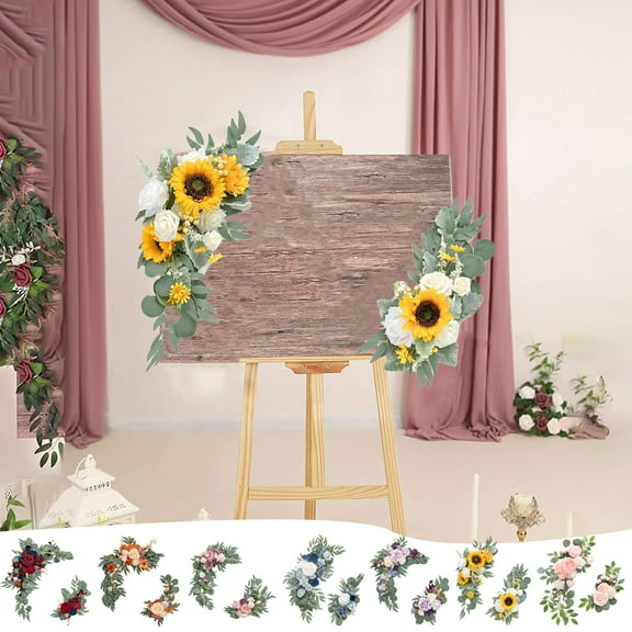 Artificial Wedding Flower Swag Decor | 2-Piece Silk Rose & Sunflower Arch Arrangement | 20x10 inch Welcome Sign Lintel Flowers with Clips & Ties for Parties