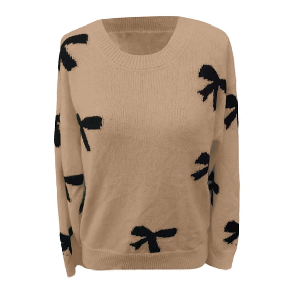 Valentines Womens Bow Print Knit Sweater Long Sleeve Crewneck Pullover for Fall Winter Soft Loose Fit Top Cozy Casual Jumper Khaki M