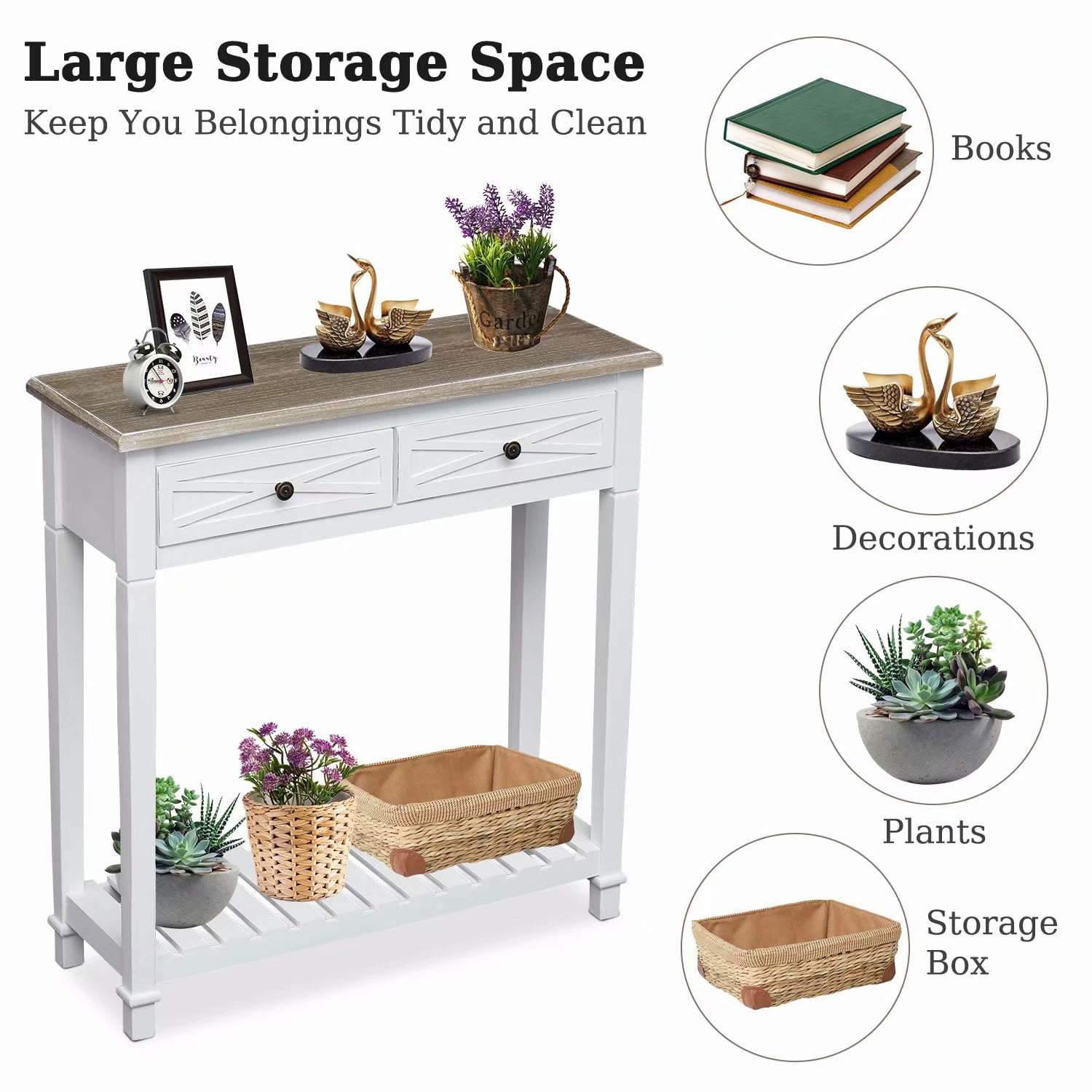Kinbor Modern Console Table 2 Drawer and Storage Shelf for Entryway Living Room Hallway White
