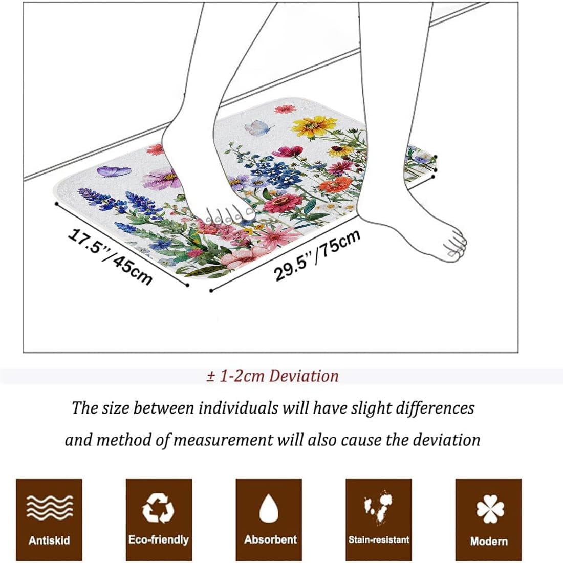 Spring Wildflower Bath Mat Non Slip Entrance Mat Summer Garden Decoration Colored Floral Butterfly Bathroom Tub Rugs Extra Soft and Water Absorbent Door Mat Floor Mats 17.5x29.5 Inch