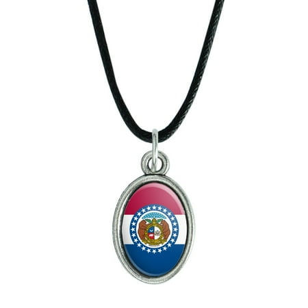 Missouri State Flag Antiqued Oval Charm Pendant with Black Satin Cord