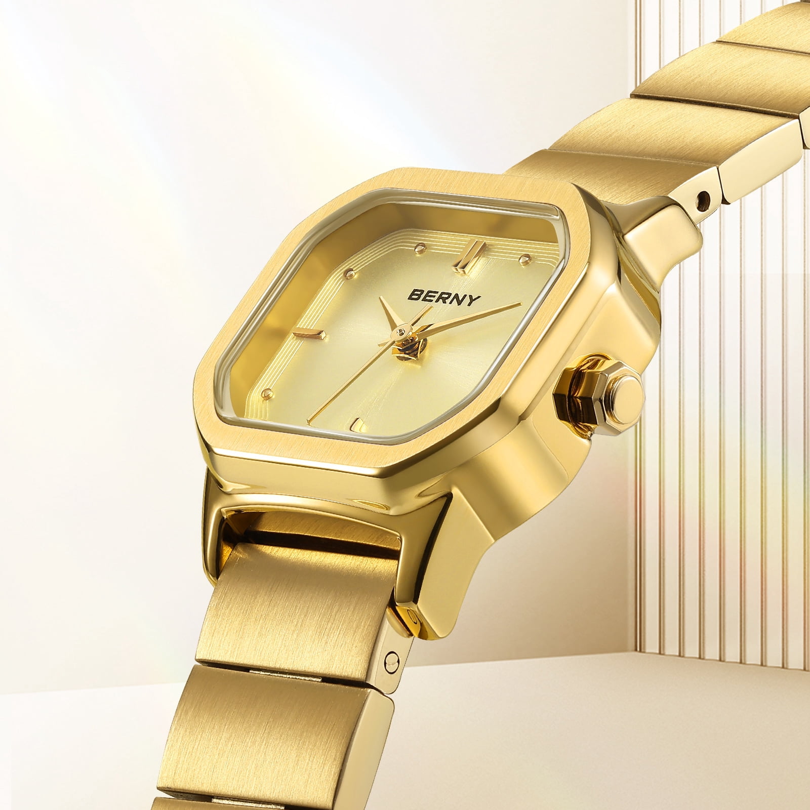 BERNY Small Gold Watches for Women, Dainty Minimalist Dress Watch with Square Dial, Vintage Stainless Steel Bracelet Watch Waterproof, Ladies Luxury Gifts (Gold)