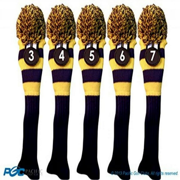 Majek #3, 4, 5, 6, & 7 Hybrid Combo Pack Rescue Utility Blue & Yellow Golf Headcover Knit Pom Pom Retro Classic Vintage Head Cover