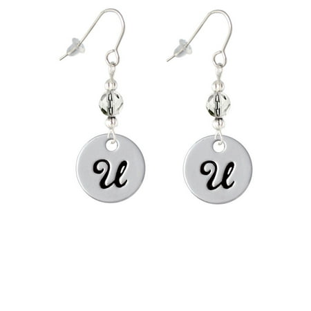 large script letter u 3 4 disc clear bead french earrings