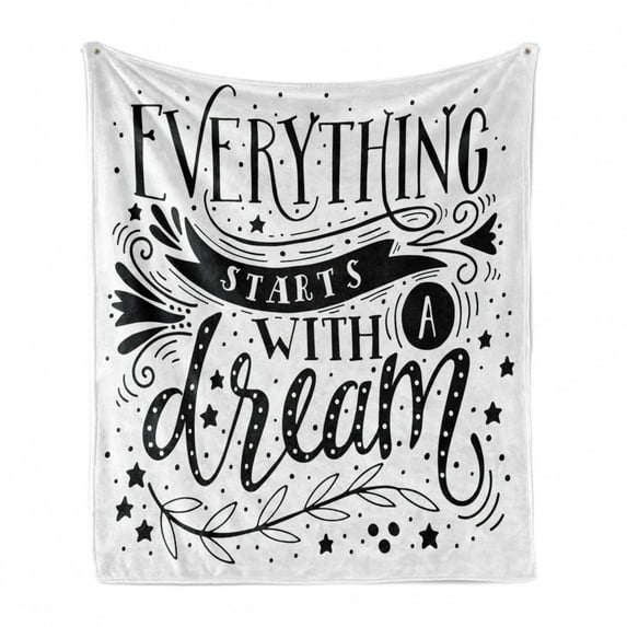 Black and White Soft Flannel Fleece Blanket, Everything Starts with a Dream Words Monochrome Stars Leaves and Curls, Cozy Plush for Indoor and Outdoor Use, 70" x 90", Black and White, by Ambesonne