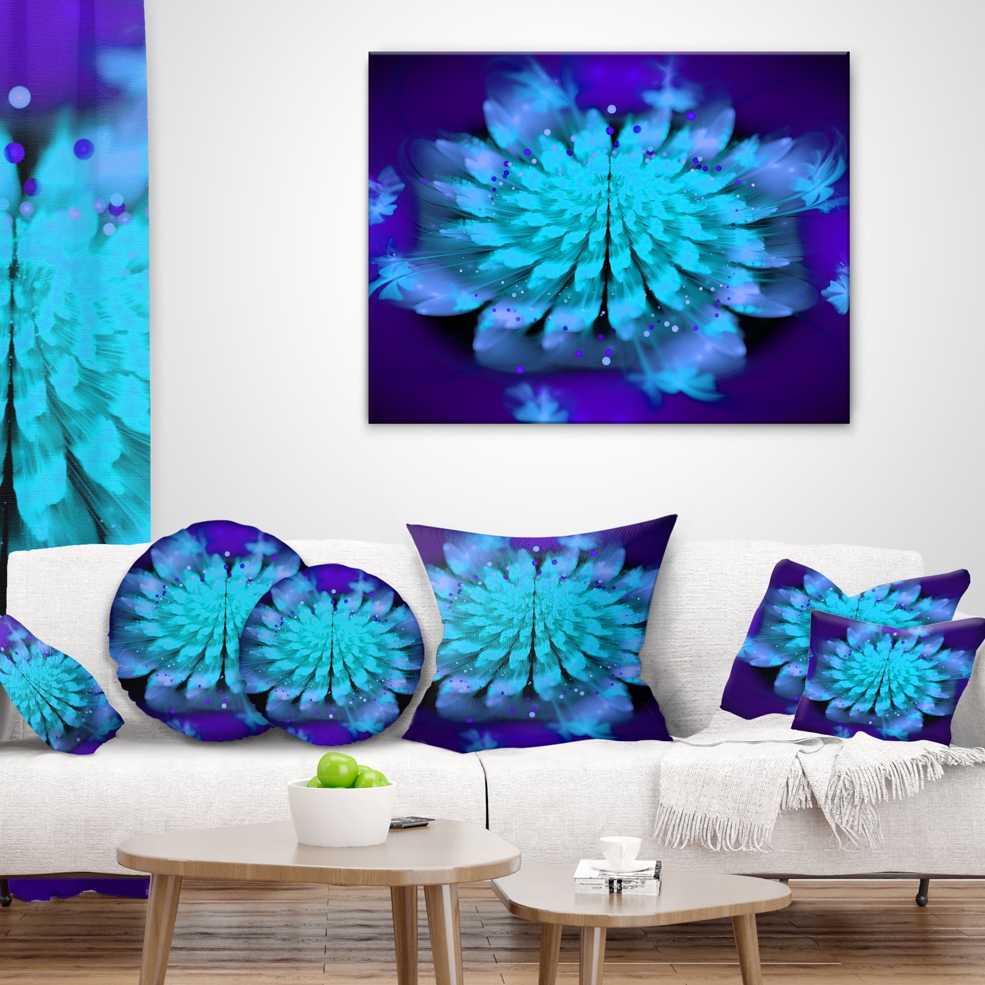 Designart Fractal Blue Spread out Flower - Floral Throw Pillow - 12x20