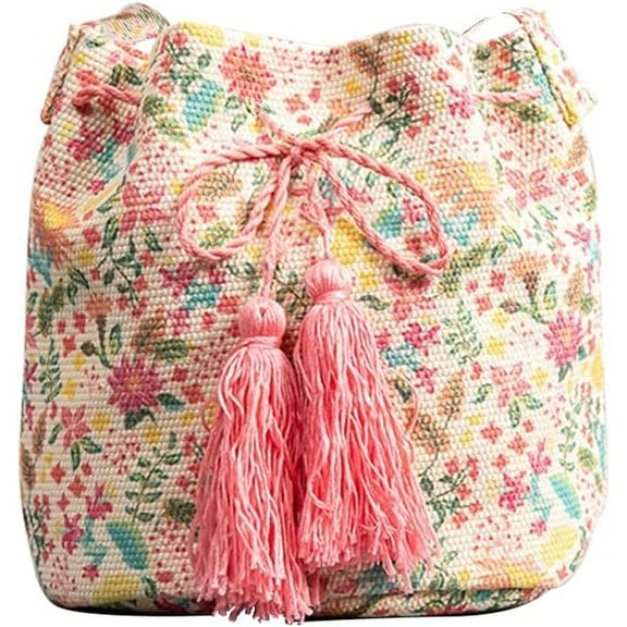 MMYGU Ethnic Tote Bag for Women Canvas Handbag Bohemian Bucket Bag Retro Shoulder Crossbody Bag with Tassels