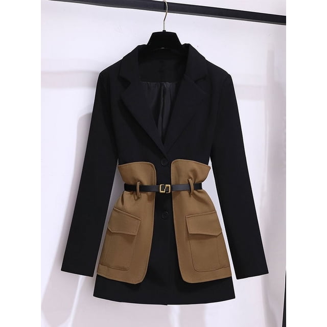 Chaqueta de retales decorativa con cinturón para mujer, chaqueta informal de expansión llorando, pantalones elegantes de dos piezas, traje, trajes de oficina, primavera 2023