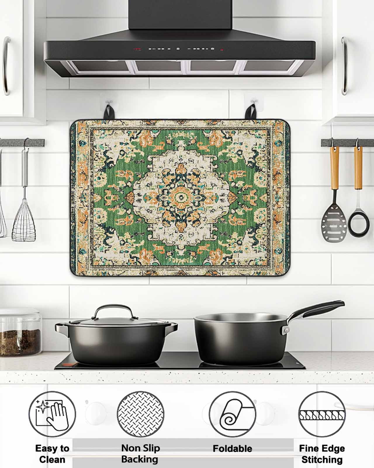 Stove Top Covers for Electric Stove, Green Boho Glass Stovetop Cover Protector, Farmhouse Tribal Vintage Tribal Texture Induction Cooktop Protector Oven Mat for Kitchen Countertop 36"x21"