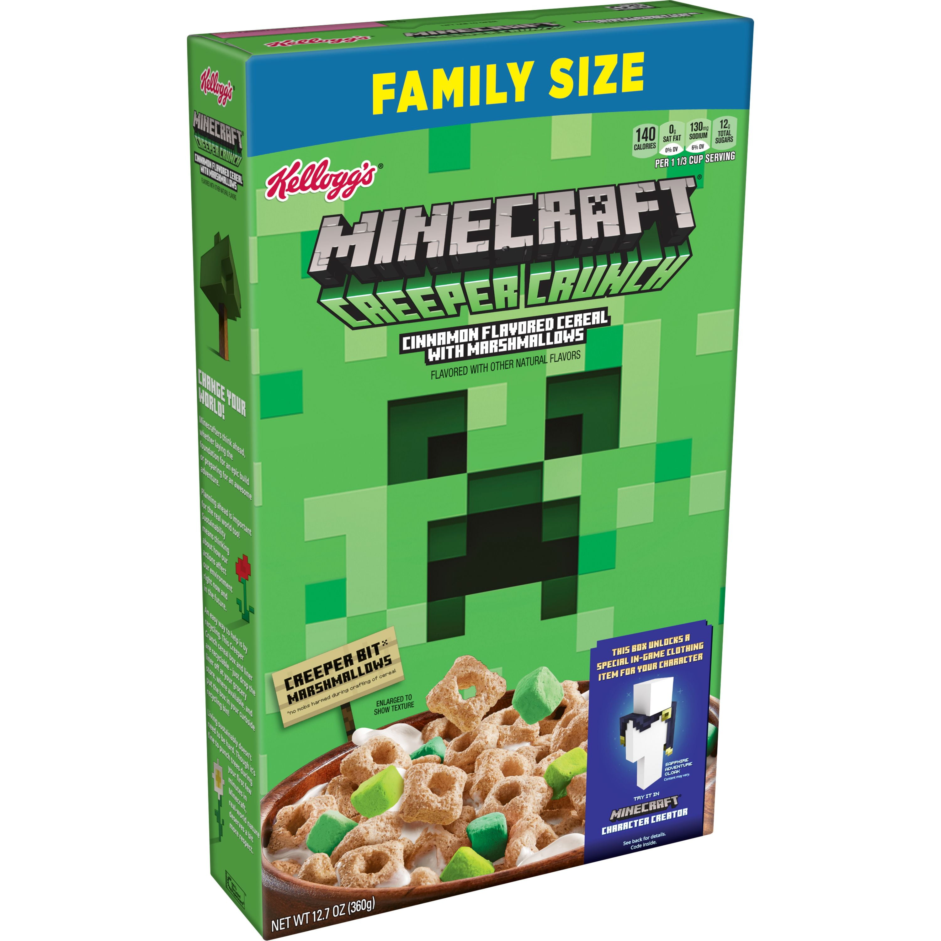 Kellogg's Minecraft Creeper Crunch Breakfast Cereal, Cinnamon with Marshmallows, Family Size, 12