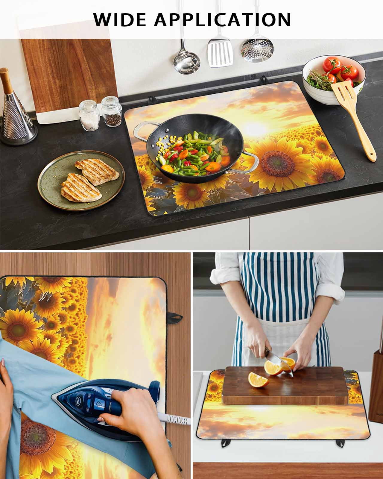 nqOlkjepod Large Induction Cooktop Protector Mat 24"x21", Yellow Sunflowers Stove Top Covers for Electric Stove, Botanical Sunset Natural Scenery Stove Burner Cover Mats, Glass Top Stove Cover
