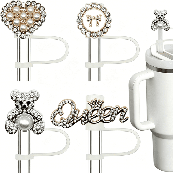 ACDANC Silicone Straw Toppers with Silver Rhinestone, 9-12mm Reusable Straw Covers for Tumblers, Washable Drinkware Accessories