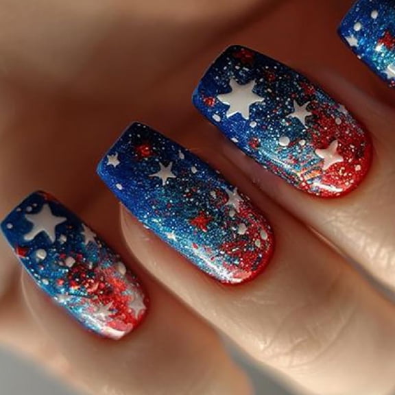 JZROCKER 24 Pcs Mediums Square Press On Nails Independence Day False Nails Star Acrylic Nails Colorful Full Covers Stick on Nails