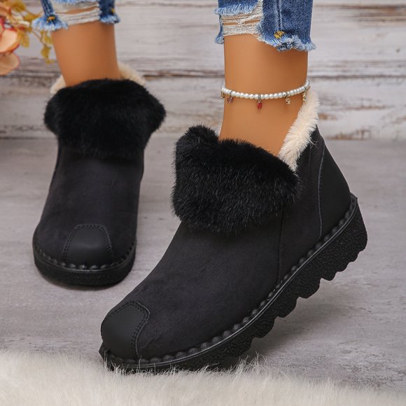 Mevxay Women's Fashion Winter Warm Short Snow Boots Solid Color Round Toe Back Zipper Thick Bottom Flat Ankle Boots Black Size 6.5