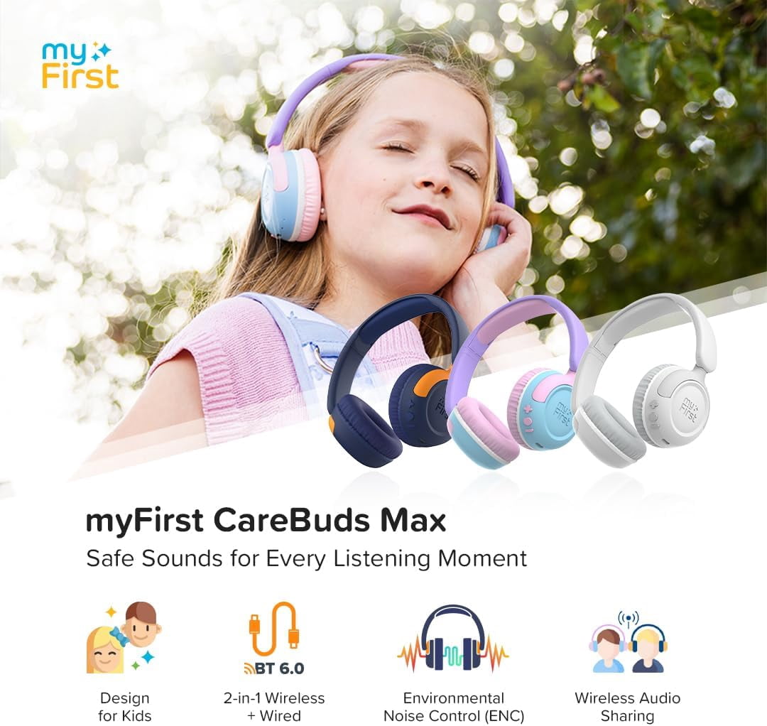 myFirst CareBuds Max Kids Wireless Headphones with Mic, Smart Volume Limit, 52H Playtime, Fast Charging, Interchangeable EarPads (Blueberry Pop)