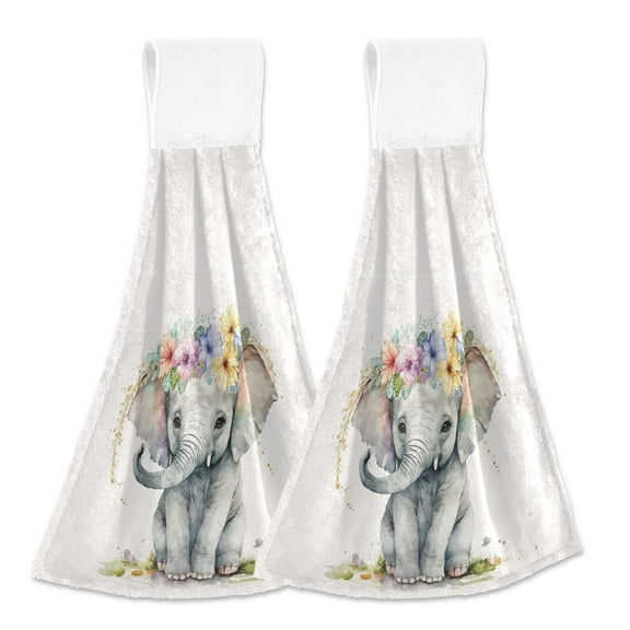Cute Elephant with Flowers 2pcs Loop Hanging Bathroom Hand Towel Soft Dish Towel Absorbent Tie Towels for Kitchen Tea Bar Washcloth Toilet Decor