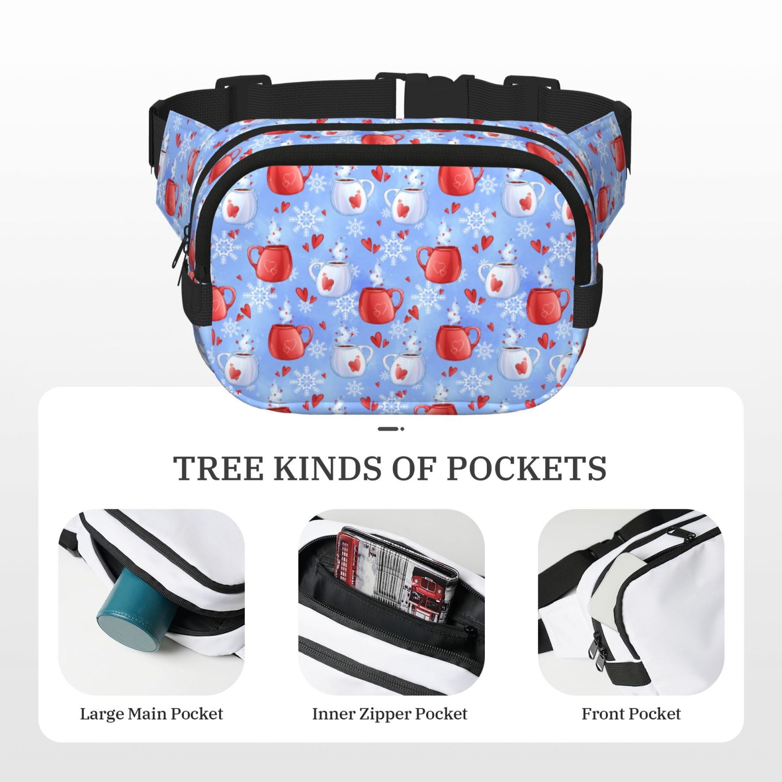 Picia coffee love cup winter Print Square Double-Layer Waist Bag Mini Adjustable Waist Belt Bag Exercise Running Travel Hiking