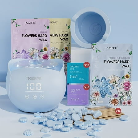 Rosepil Digital Home-use Wax Warmer Kit,Blue Floral Brazilian Wax Hair Removal Waxing Kit for Women Men with 10.6 Hard Wax Beads, Waxing Oils & Accessories 