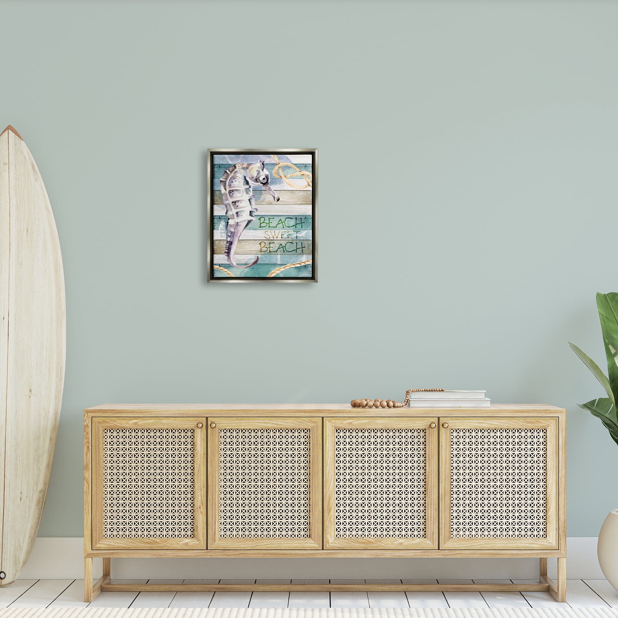 Stupell Sweet Beach Seahorse Nautical Rope Landscape Painting Gray Floater Framed Art Print Wall Art