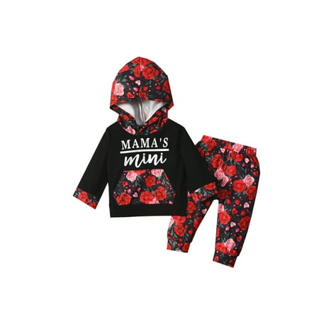 

Canrulo Newborn Baby Girls Floral Clothes Mama s Mini Letter Print Long Sleeve Hooded Tops+Trousers Set Black Red 12-18 Months