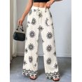 thumbnail image 4 of Women Lazy Style Printed Wide Leg Pants Elastic High Waist Side Pockets Loose Fit Casual Trousers Cream White S, 4 of 9