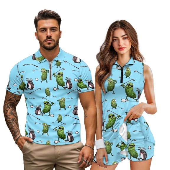 Jeiento Golf Pickle His and Hers Matching Golf Outfit Quick Dry Moisture Wicking Men's Short Sleeve Collared Shirt & Women's Sleeveless Golf Dress with Built-In Shorts Pockets for Tennis Pickleball