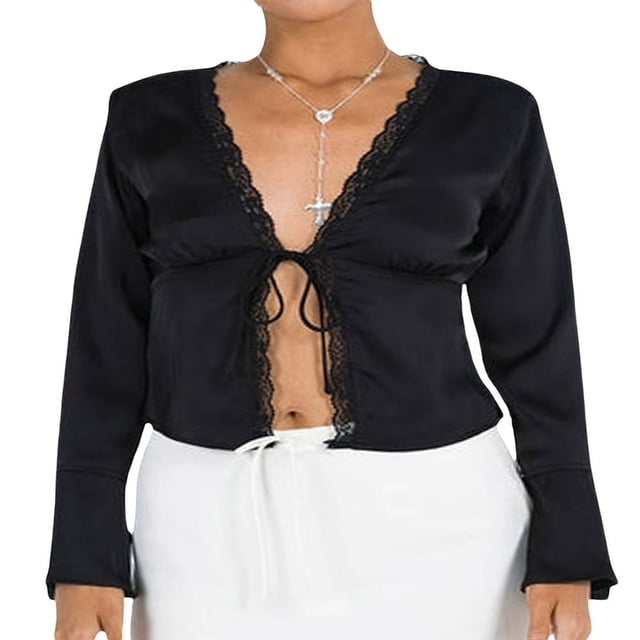 PENGXIANG Blouses en Satin à Lacets pour Femmes avec Col en V et Manches Longues