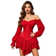 thumbnail image 6 of SRZYMJ Women High Waist Lace Up Tiered Ruffle Skirt Textured Fabric Bodycon Asymmetrical Hi Low Hem Gothic Steampunk Party Cocktail Midi Skirt L, 6 of 7