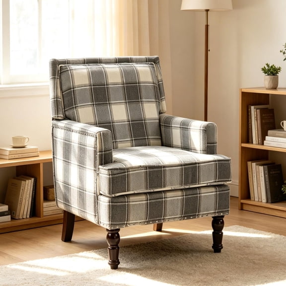 Leumius Modern Accent Chair with Wood Legs,Vintage Upholstered Armchair Single Sofa Chair Reading Accent Chair for Living Room Bedroom Office,Antique Grey