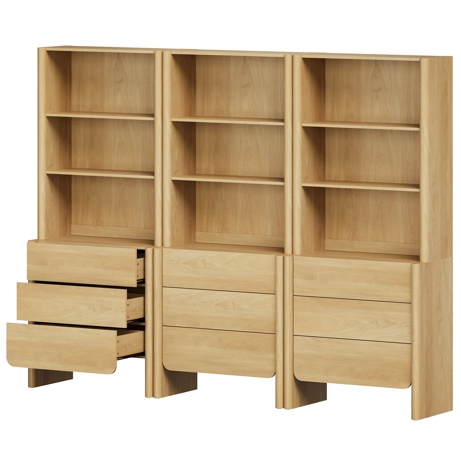 94.5-Inch Modern French Bookcase with Curved Edges, 9 Drawers and Open Shelving, 72.8" Tall, Oak
