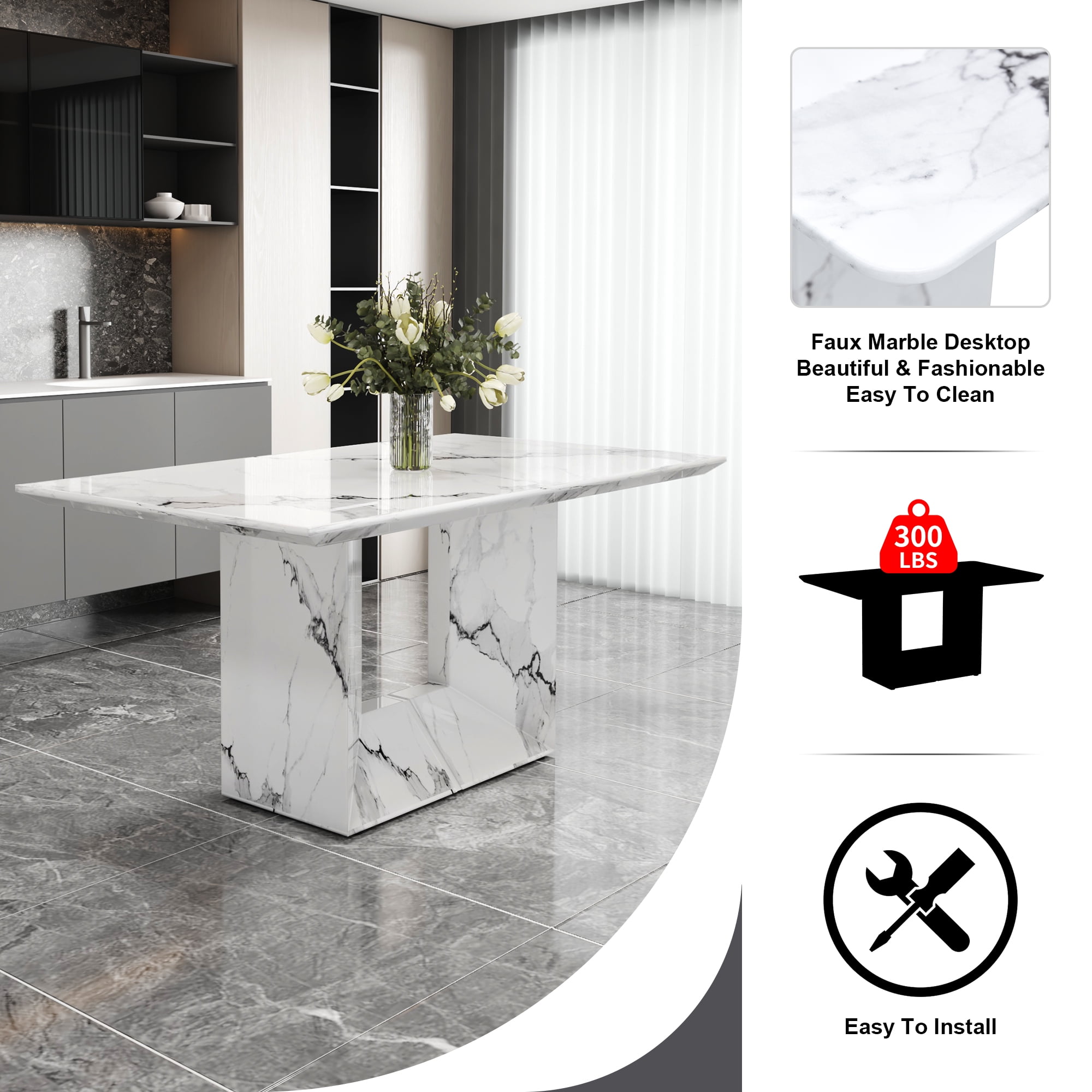 JUFU 63'' Faux Marble Dining Table, White MDF Rectangle Kitchen Table for 4–6, Modern Dining Room Table